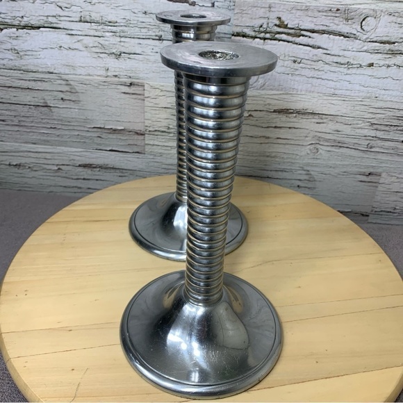 vintage Chrome Art Deco Inspired Tall Candlestick Holder Set Swirled Leg Stand - Picture 6 of 11